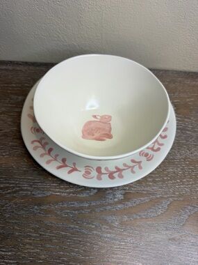 22.5oz Stoneware Aralia Bunny Cereal Bowl Hand Painted Pink and 8.5" Salad Plate